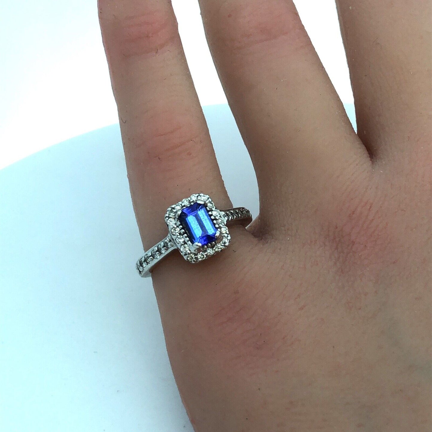 Designer 14K White Gold Emerald Cut Tanzanite Diamond Halo Engagement Ring