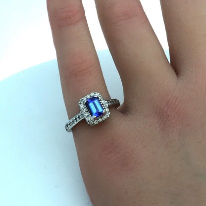 Designer 14K White Gold Emerald Cut Tanzanite Diamond Halo Engagement Ring