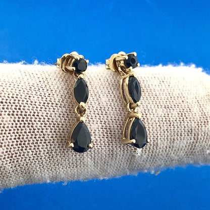 Estate 14K Yellow Gold Blue Sapphire November Anniversary Drop Dangle Earrings