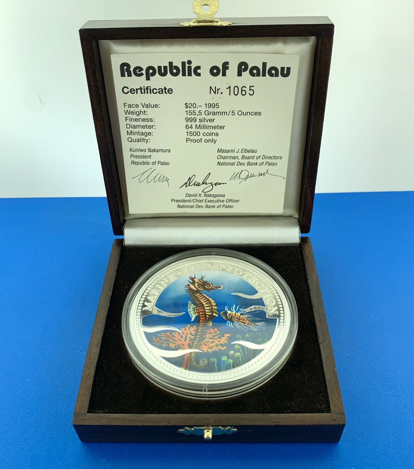 1995 Republic Palau $20 5 Oz Silver Marine Life Colorized Proof Coin Low Mntg