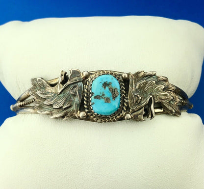Stunning Sterling Silver Cabochon Turquoise Native American Eagle Cuff Bracelet