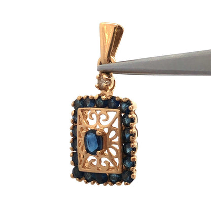 Designer 14K Yellow Gold Oval Sapphire Diamond Accented Filigree Pendant