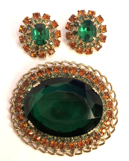 Vintage Gold-Tone Green & Orange Rhinestone Statement Clip Earrings Brooch Set