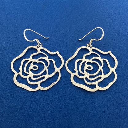 Designer FAS Sterling Silver 925 Openwork Rose Flower Dangle Hook Earrings