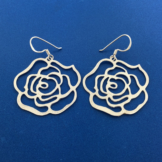 Designer FAS Sterling Silver 925 Openwork Rose Flower Dangle Hook Earrings