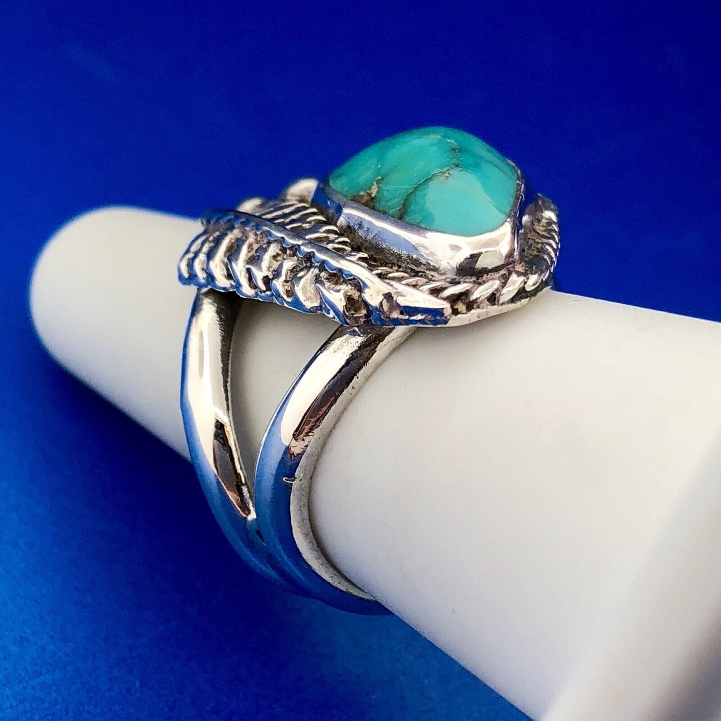 Vintage Native American DB Sterling Silver 925 Turquoise Feather Chunky Ring