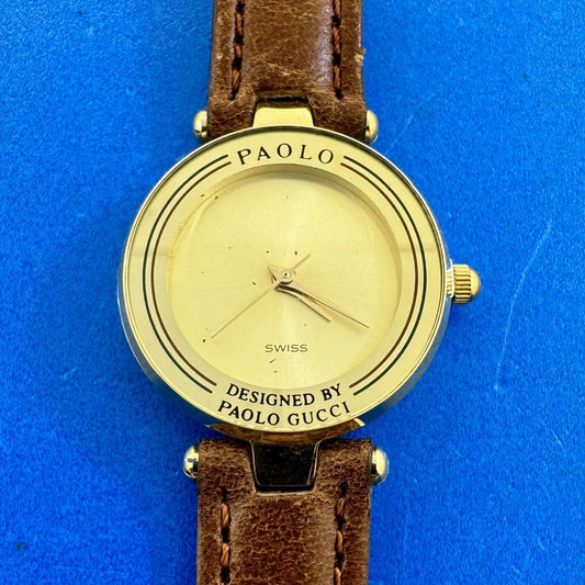 Vintage Paolo Gucci Designed By Paolo Gucci Brown Leather Wristwatch PG707YC