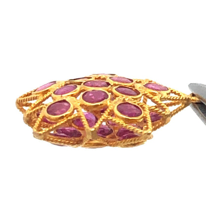 Designer 18K Yellow Gold Round Ruby Cluster Star Snowflake Pendant