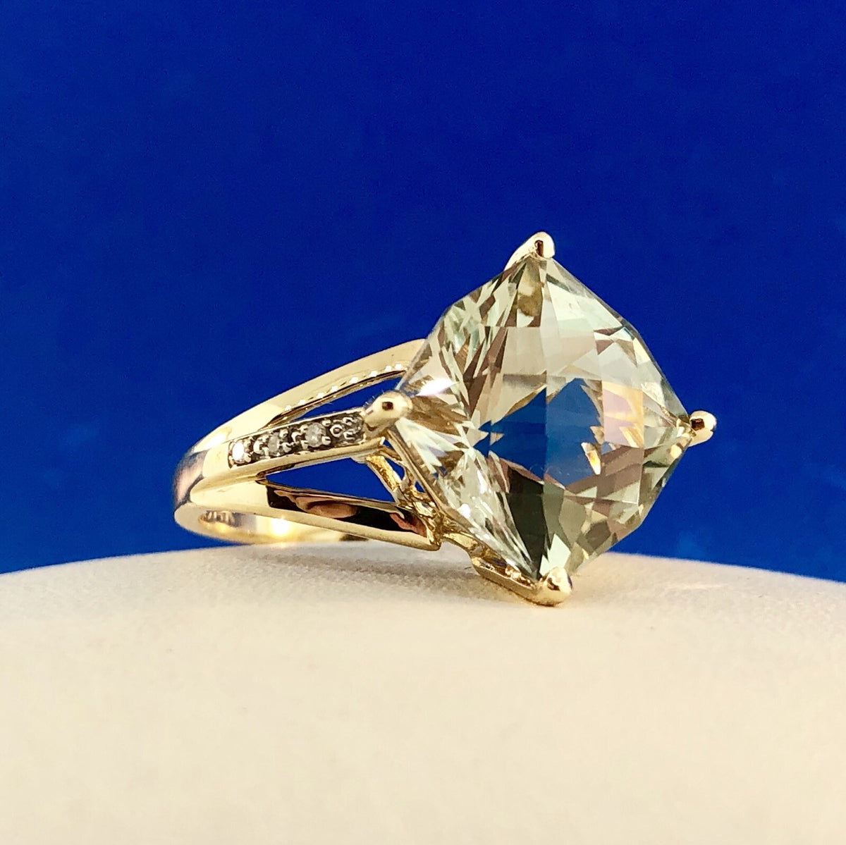 Designer 14K Yellow Gold Green Amethyst Prasiolite Diamond Accent Statement Ring