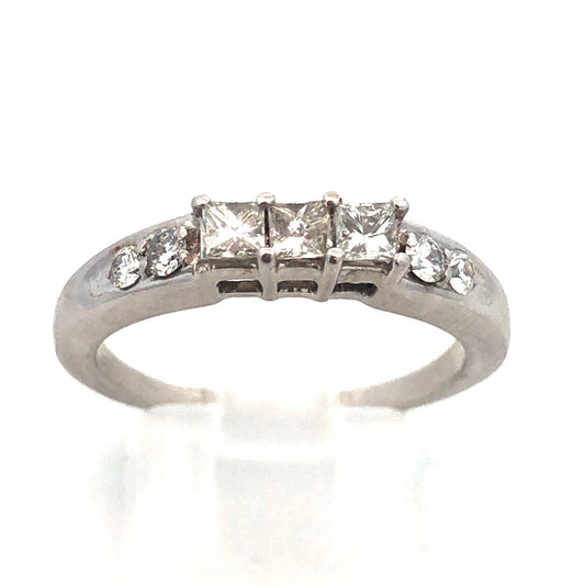 14k White Gold 3 Three Princess Cut Diamond Ring with Diamond Accents