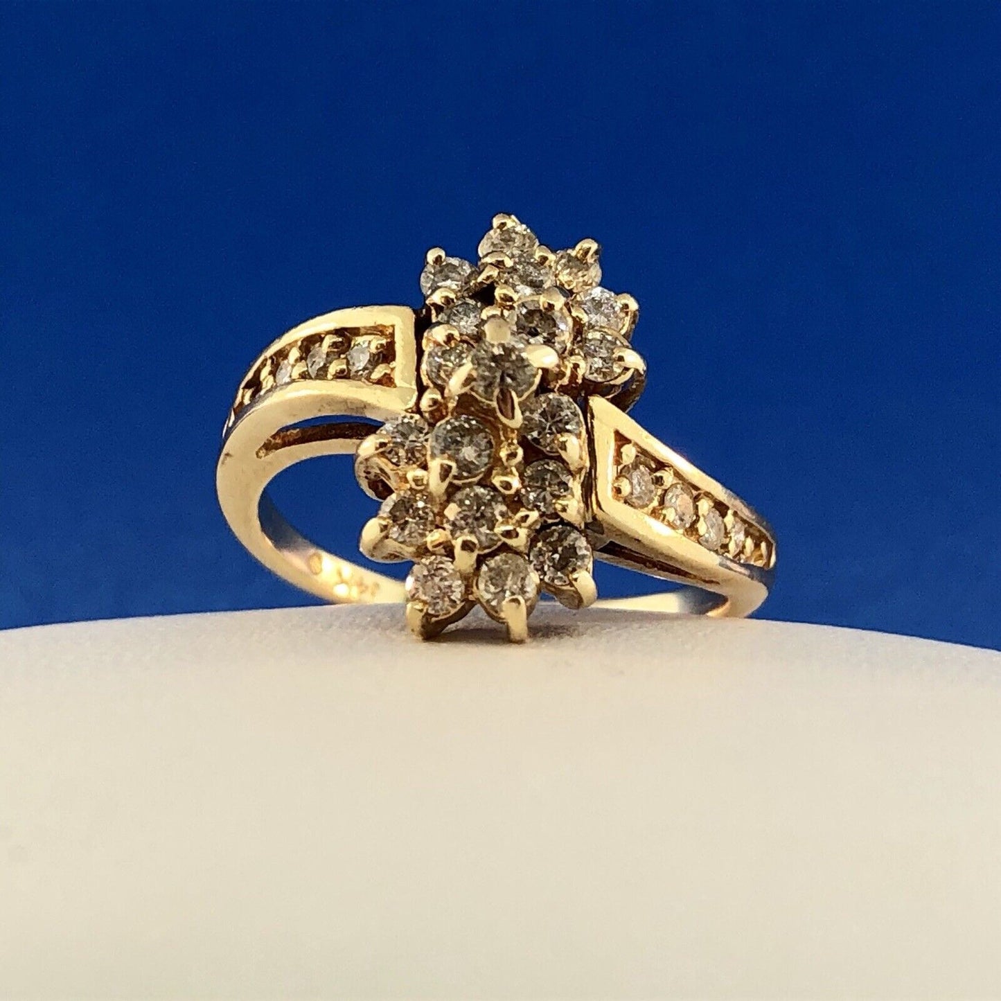 Vintage 14K Yellow Gold Diamond Waterfall Flower Cluster Statement Cocktail Ring