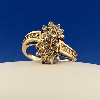 Vintage 14K Yellow Gold Diamond Waterfall Flower Cluster Statement Cocktail Ring