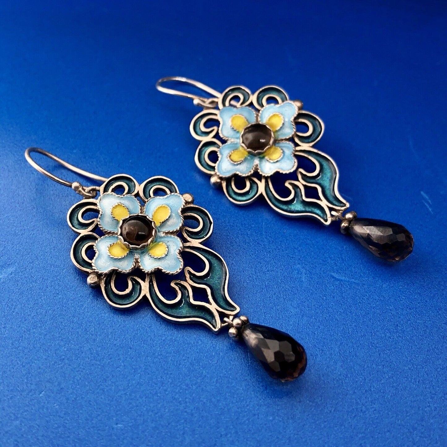 Designer BJ Sterling Silver 925 Smoky Topaz Enamel Floral Scroll Dangle Earrings