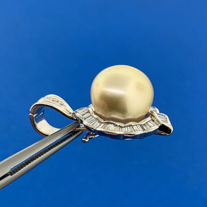 Estate 14K White Gold Pearl Diamond Baguette Halo Statement Enhancer Pendant