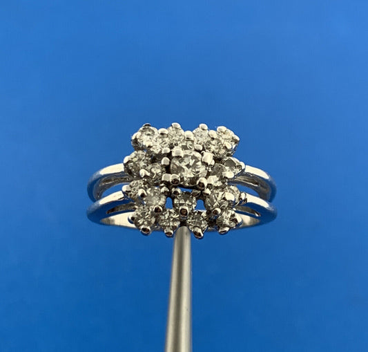 Vintage 14K White Gold Round Diamond Square Top Cluster Anniversary Dinner Ring