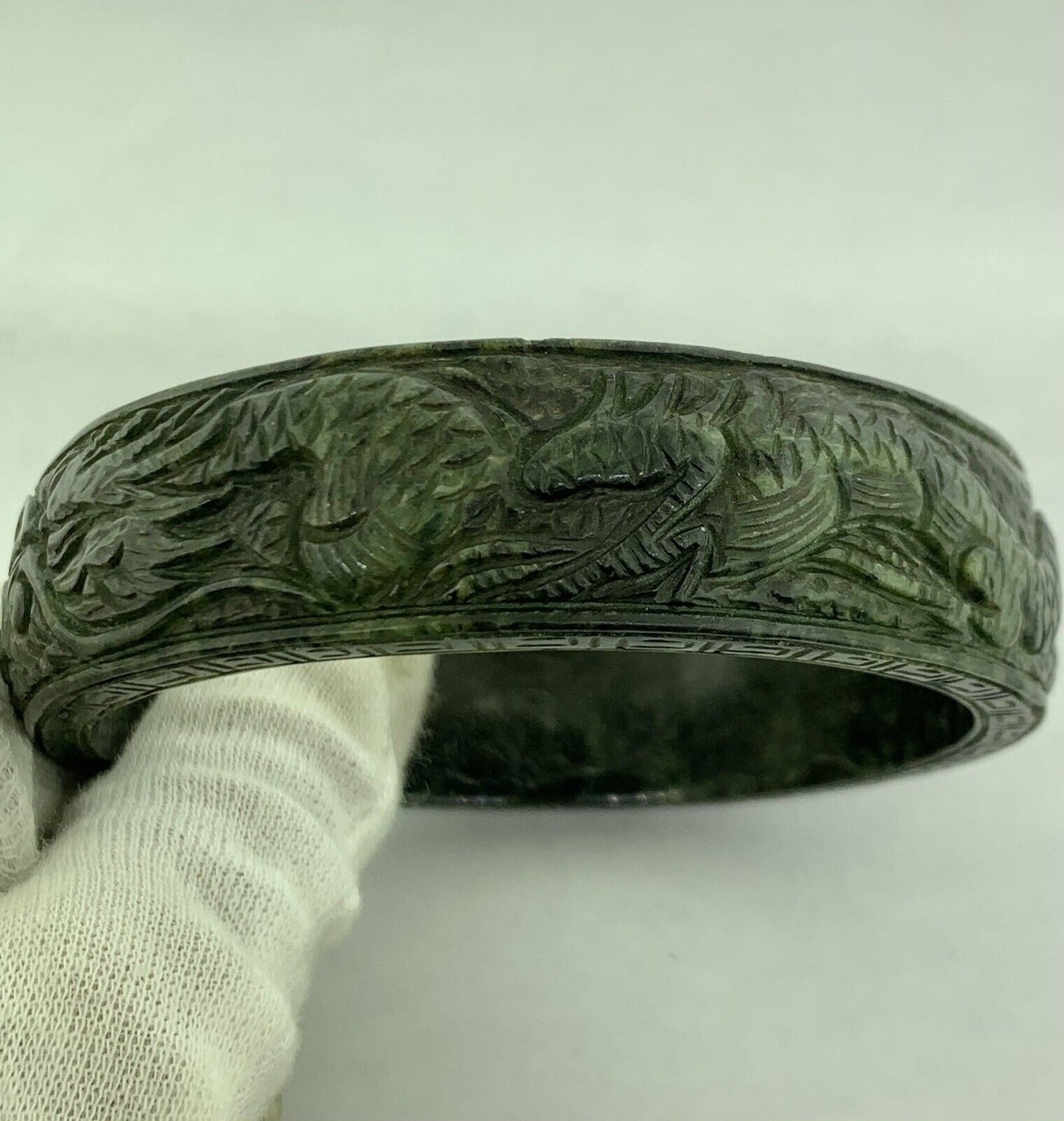 Vintage Carved Burmese Jade Dueling Dragon Fire Bird Statement Bracelet