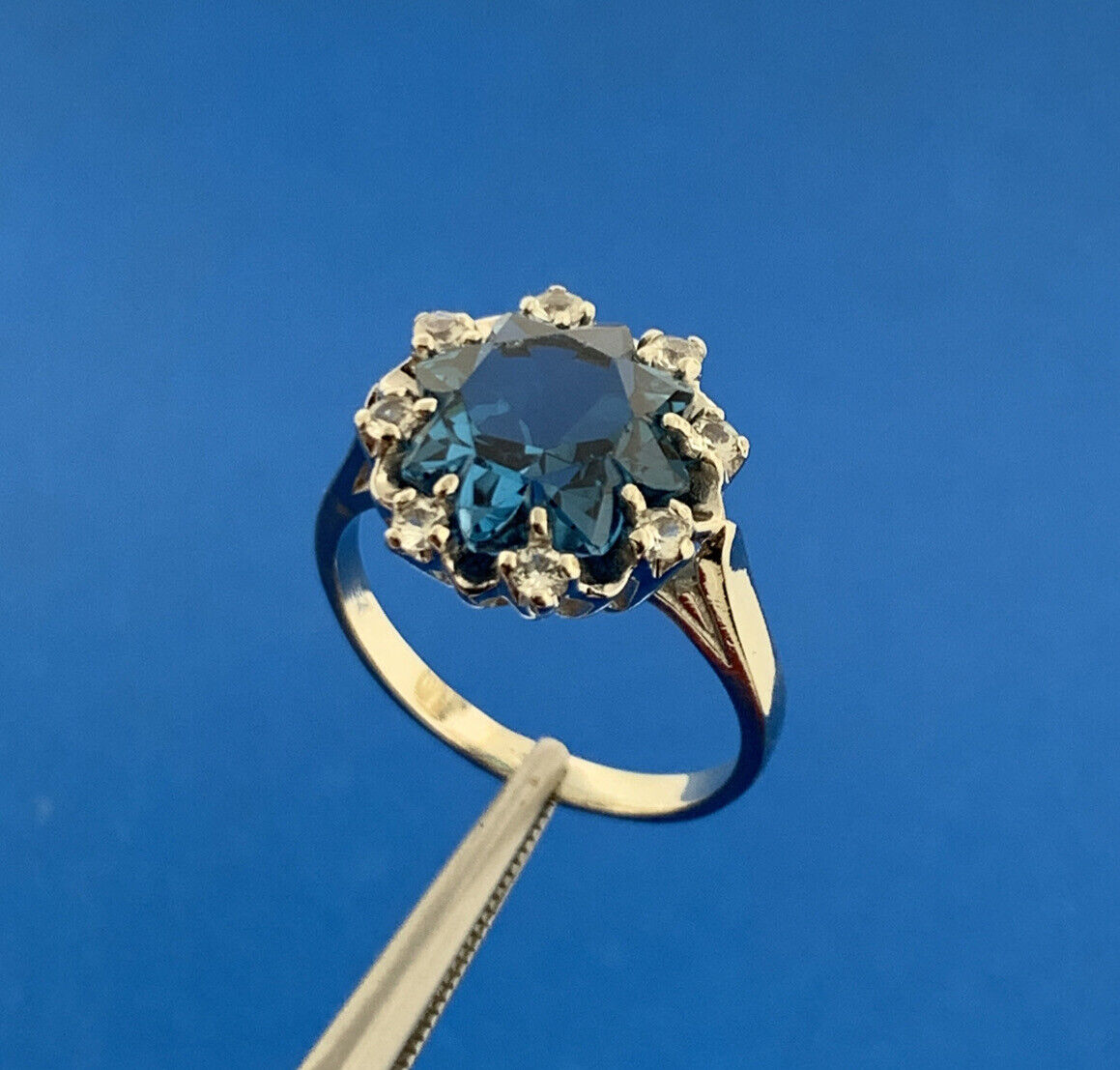 Designer 10K White Gold Blue Topaz Solitaire White Topaz Halo Anniversary Ring