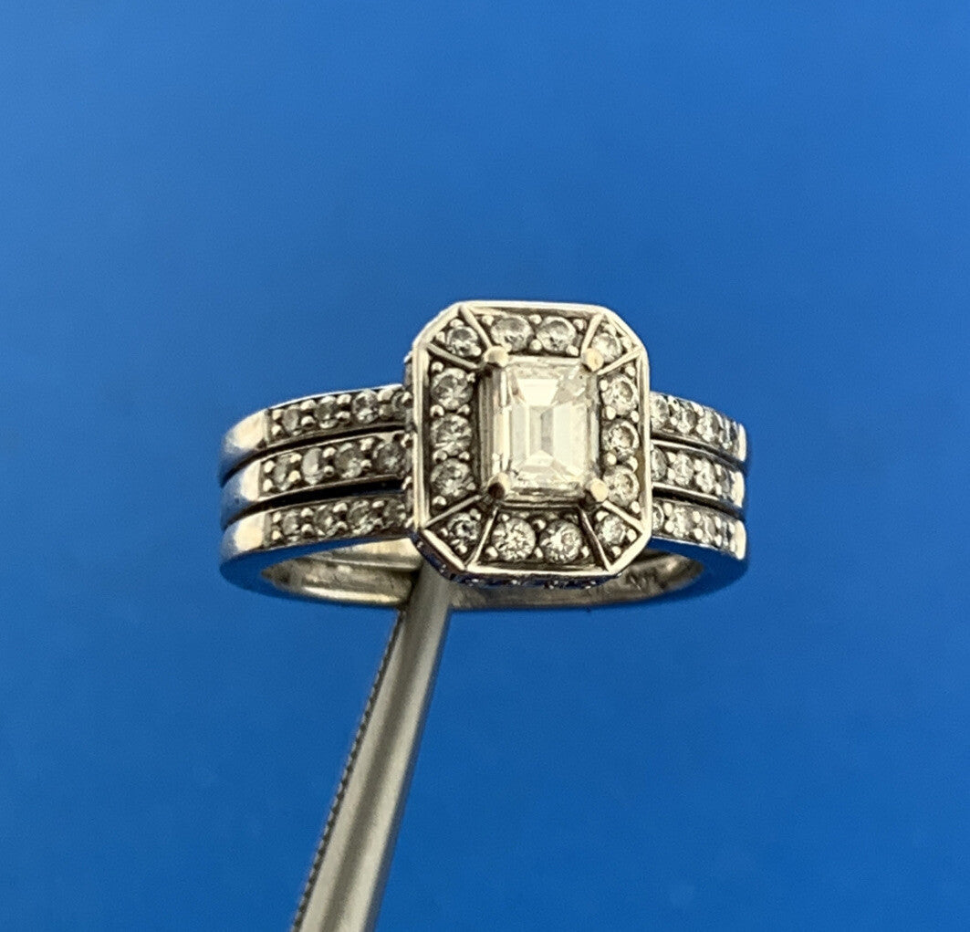 Designer 14K White Gold Diamond Solitaire Halo Accented 3 Band Engagement Ring
