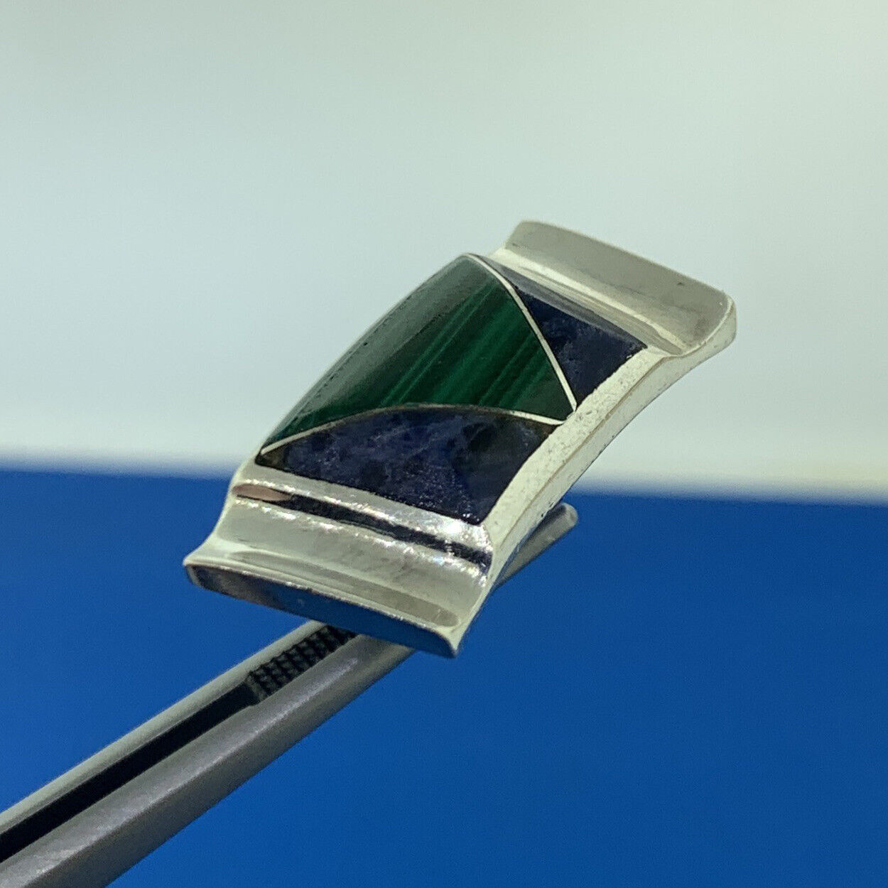 Escorcia Taxco Mexico 950 Silver Lapis Lazuli Malachite Inlay Modernist Earrings