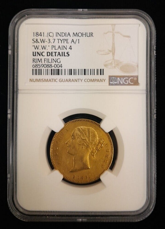 1841  C British India Mohur S & W-3.7 Type A/1 "W.W." Plain 4 NGC UNC Details