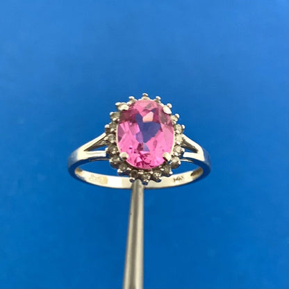 Designer 14K White Gold Oval Pink Sapphire Diamond Halo Custom Engagement Ring