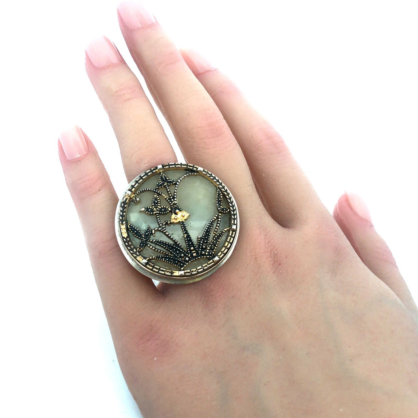 Lori Leavitt 925 Sterling Silver Gold Two Tone Asian White Jade Statement Ring