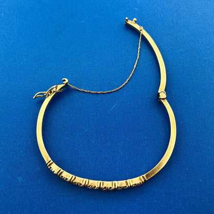 Vintage 14k Yellow Gold Round Cut Diamond Hinged Cuff w/Safety Chain Bracelet