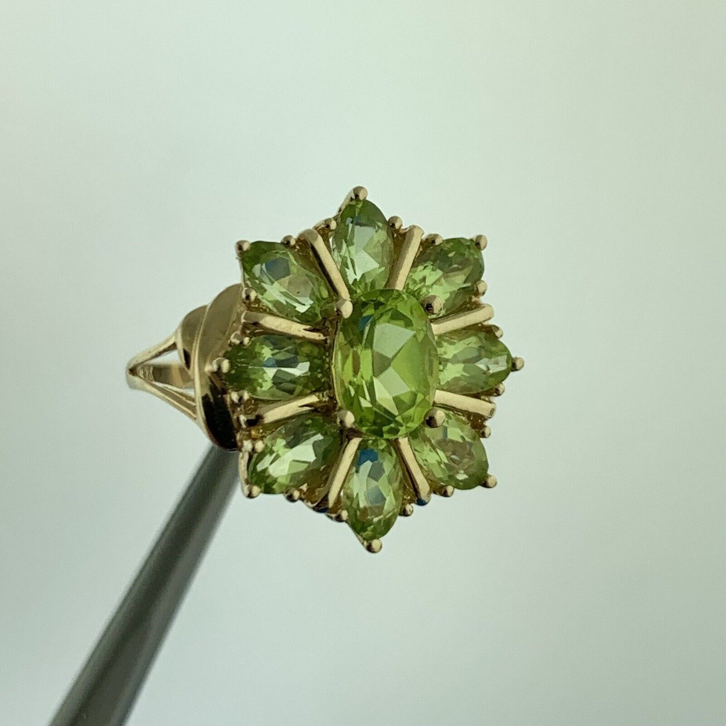 10K Yellow Gold Cluster Peridot Cocktail Statement Ring