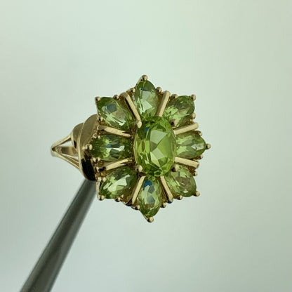10K Yellow Gold Cluster Peridot Cocktail Statement Ring