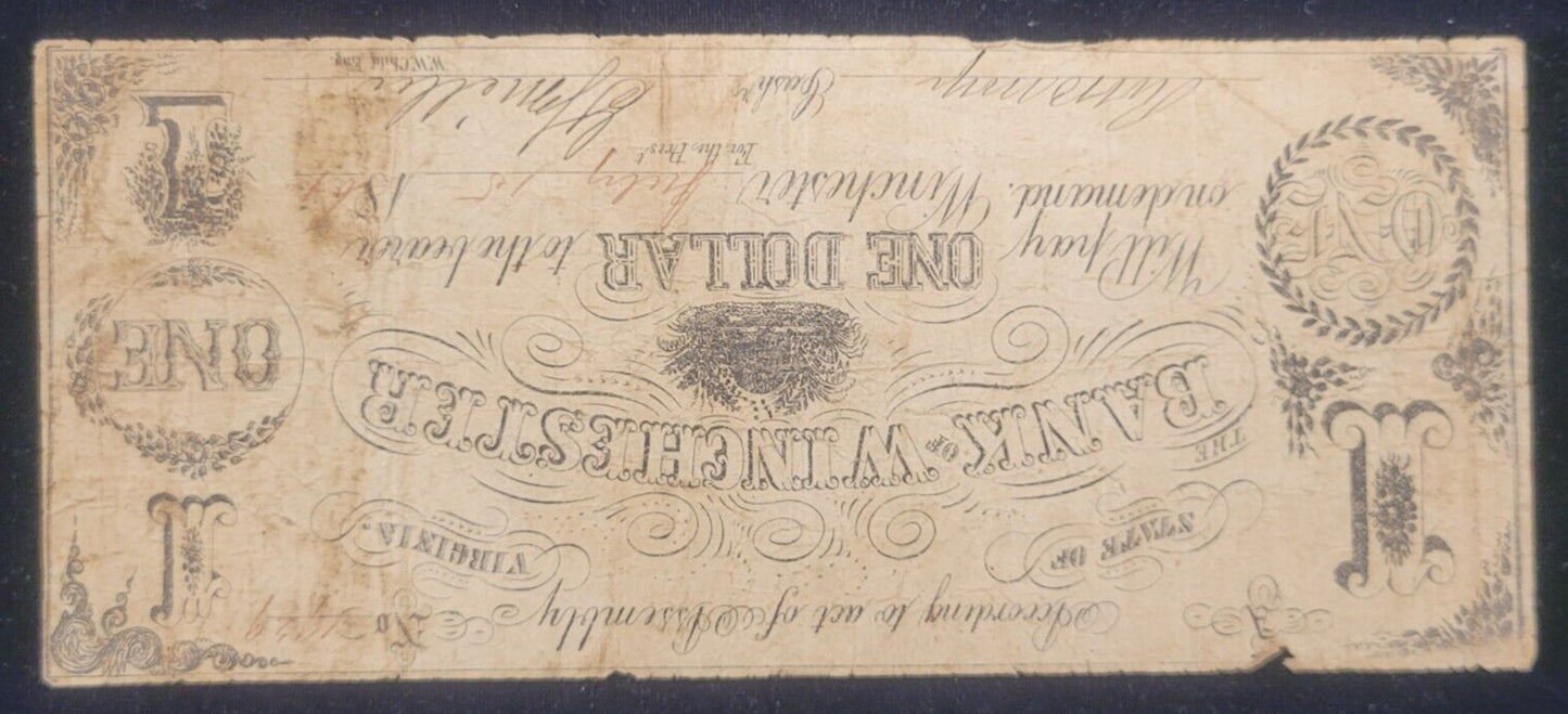1861 $1 Bank of Winchester, Virginia Rare Obsolete Currency Paper Bank Note