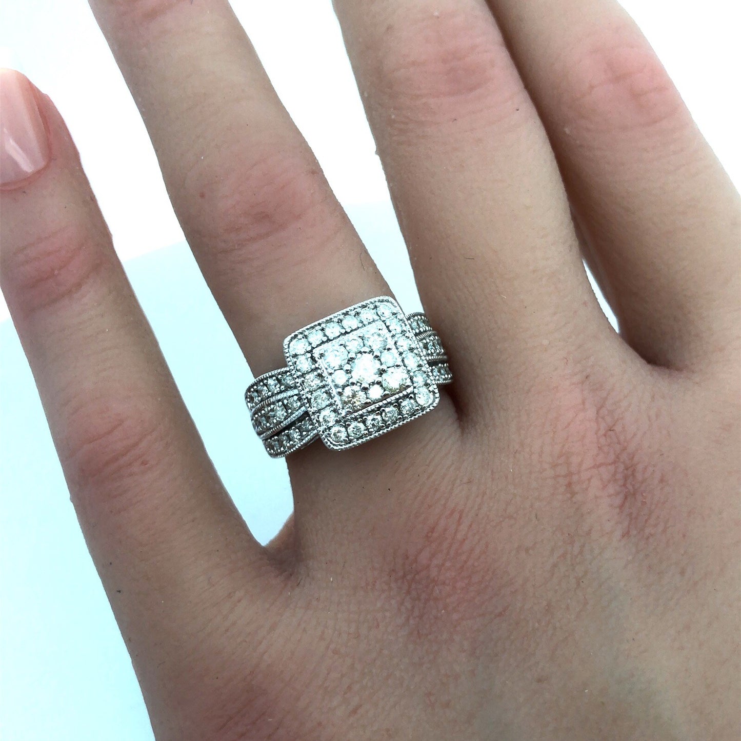 Designer 10K White Gold Diamond Double Halo Wedding Engagement Ring
