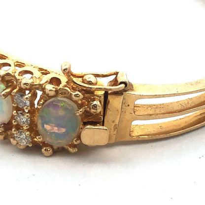 Vintage Jack Gutschneider 14k Yellow Gold Filigree Opal Diamond Cuff Bracelet