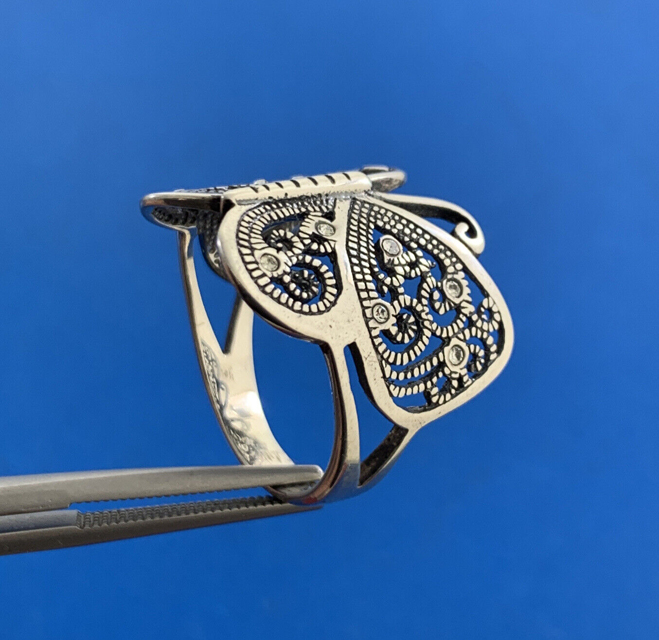 925 Sterling Silver Designer Filigree Cubic Zirconia CZ Butterfly Finger Ring