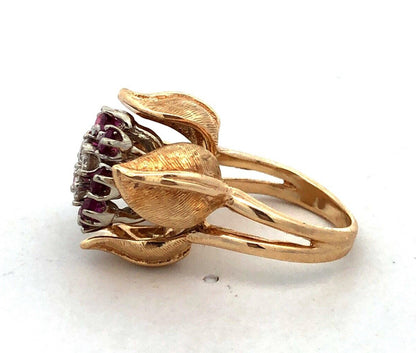 Designer EAG 14K Yellow Gold Round Ruby Diamond Flower Bud Statement Ring