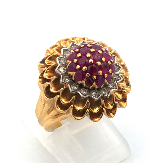Vintage Artisan 18 Yellow Gold Ruby Diamond Cluster Dome Statement Cocktail Ring