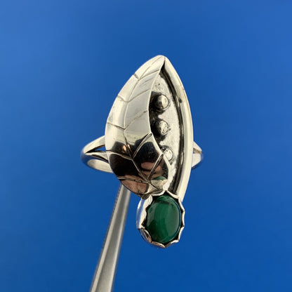 Stunning Sterling Silver 925 Cabochon Oval Green Malachite Floral Ring Size 8