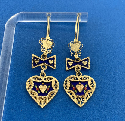 Designer ARR 14K Yellow Gold Blue Red Green Enamel Heart Dangle Drop Earrings