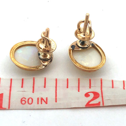 14K Yellow Gold Oval Opal Cabochon October Sweetheart Anniversary Stud Earrings
