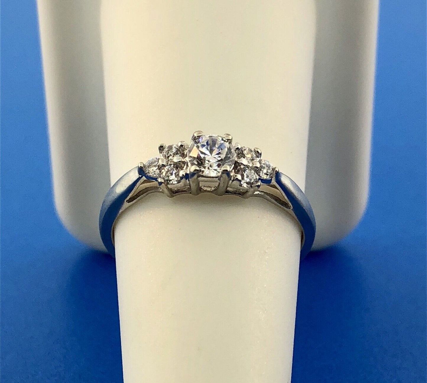 10K White Gold Cubic Zirconia CZ Solitaire Accents Engagement Promise Ring