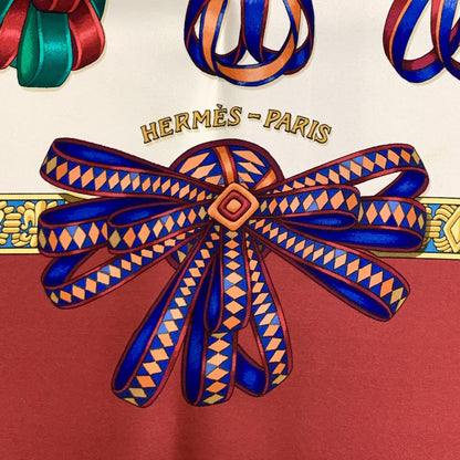 Hermes Carre 90 100% Silk Twill Les Rubans Du Cheval Maroon Neckerchief Scarf