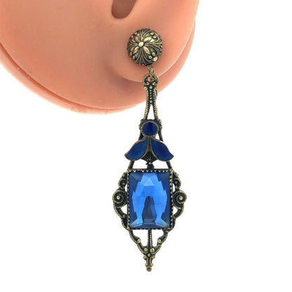 Antique Silver Tone Blue Glass Enamel Floral Scroll Dangle Screw Back Earrings