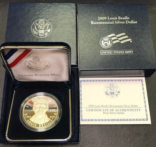 2009 P Louis Braille Bicentennial Commemorative Proof Silver Dollar $1