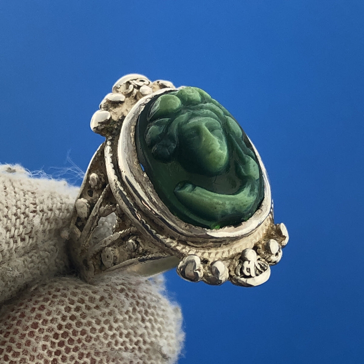 Retro 925 Sterling Silver Carved Green Mayan Aztec Warrior Cameo Ring