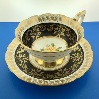 Royal Stafford English Bone China Yellow Rose Black Gold Floral Tea Cup/Saucer