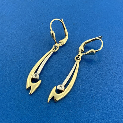 Designer 14K Yellow White Gold Diamond Modernist Abstract Drop Dangle Earrings