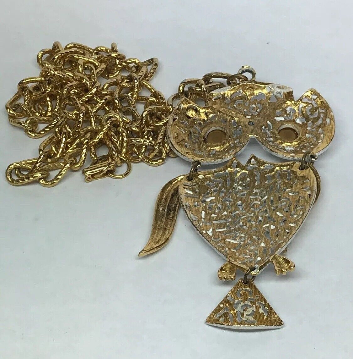 Park Lane Amber Eyes White Enamel Filigree 3D Owl Gold Tone Statement Necklace