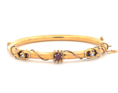 Art Nouveau Art Deco 14K Yellow Gold Garnet Seed Pearl Etruscan Bangle Bracelet