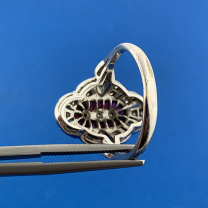 14K White Gold Art Deco WMJ Ruby Diamond Accented Engagement Cocktail Ring