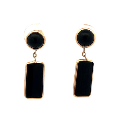 14K Yellow Gold Designer Round Rectangle Black Onyx Dangle Stud Earrings