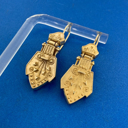 Estate 14K Yellow Gold Scroll And Heart Statement Door Knocker Dangle Earrings